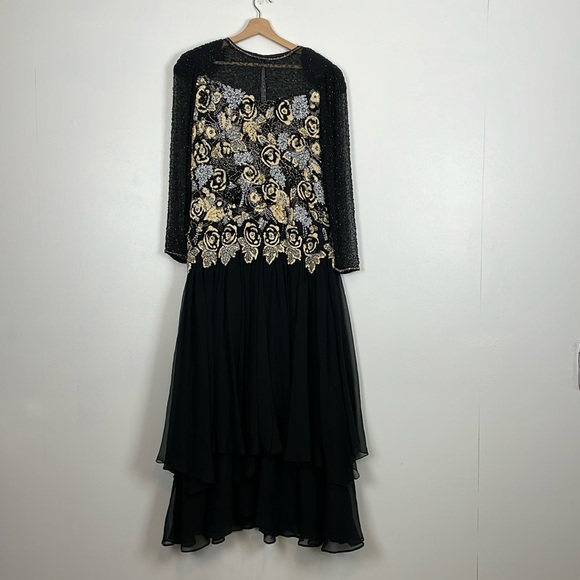 Black Tie  By Ro Industries Inc Vintage Embroidered Sequin Sheer Maxi Dress 12 - Picture 1 of 11